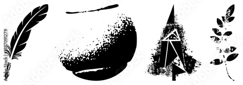 Vintage Writing & Nature Symbols in Grunge Vector Set