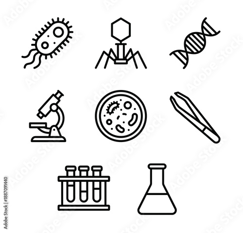 Collection of black outline icons representing scientific research tools and biological elements like test tubes tweezers bacteriophage and genetic structures for education and medical laboratory use