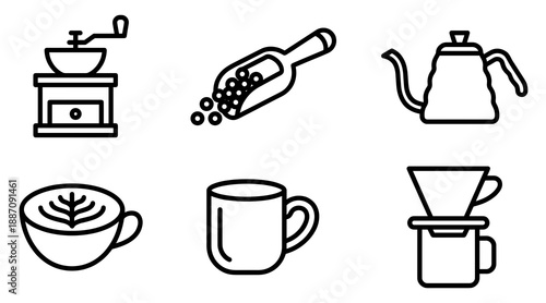 Minimalist line icon collection featuring specialty coffee tools like a manual burr grinder gooseneck kettle beans scoop latte art cup mug and pour over dripper