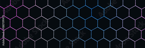 Dark hexagon abstract technology background with blue and pink colored bright flashes under hexagon. Hexagonal gaming modern abstac bacground illustration