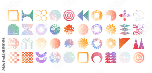 Colorful geometric shapes, modern grunge symbols. Simple primitive elements and forms, distressed details. Retro design, aged, vintage, trendy contemporary minimalist style, y2k. Vector illustration