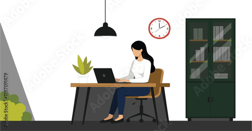 Home Office Workspace Illustration with Woman Working on Laptop, Modern Interior Desk Setup, Remote Work, Productivity, and Freelance Lifestyle Concepts