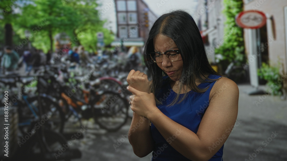 Fototapeta premium Woman clutching wrist on amsterdam street near parked bicycles, wearing blue dress and glasses; pain concern.