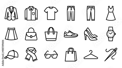 A comprehensive collection of minimalist black outline icons representing various garments footwear bags and fashion accessories for retail web design and apparel industry applications