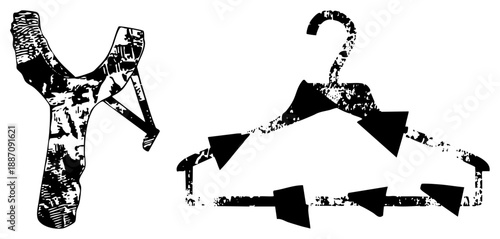 Vintage Style Slingshot and Clothes Hanger Vector with Distressed Texture