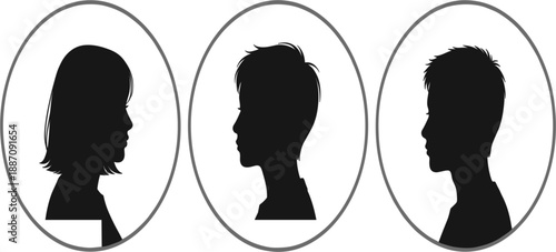 Side View Human Profile Silhouette Icon Set with Male and Female Head Portraits in Oval Frames for Avatar and User Interface Design