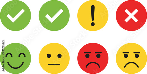 Status and Feedback Icon Set with Checkmark, Warning, Error, and Emoji Faces for User Interface Validation, Notifications, and User Experience Design