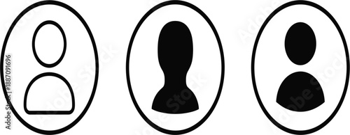 User Avatar Silhouette Icon Set with Outline and Filled Profile Symbols in Oval Frames for Account, Identity, and Interface Design