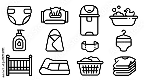A collection of black outline icons for infant care including a diaper wet wipes trash can bathtub lotion swaddle crib changing pad and laundry basket