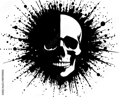  Bold skull illustration emerges from a dramatic ink splash, creating a dark, cinematic mood. Ideal for edgy branding, horror themes