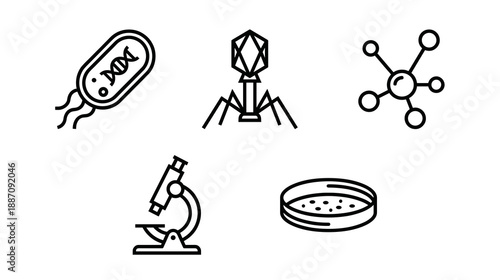 Collection of black outline icons representing laboratory research including a microscope petri dish bacteriophage dna bacteria and molecular structure for scientific and medical education projects