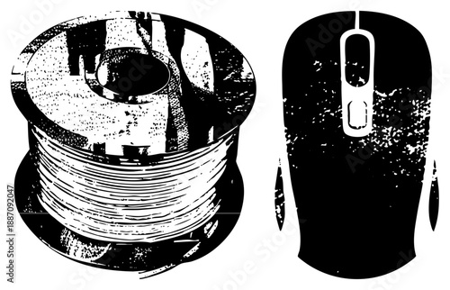 Spool of 3D Printer and Computer Mouse in Stylized Black and White