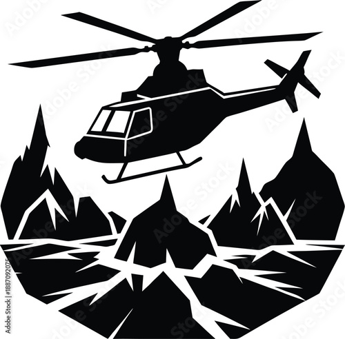 Arctic ice rescue helicopter hovering above cracked frozen surface emergency mission scene Vector illustration