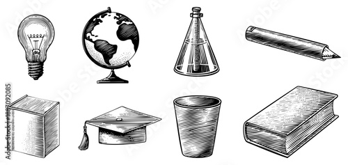 Vintage Educational Symbols Including Globe, Lightbulb, and Graduation Cap