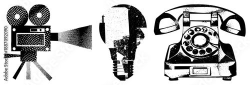 Vintage Film Camera, Lightbulb, and Rotary Phone in Halftone Vector Set
