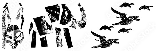 Abstract Geese in Flight with Fragmented Text Art Design