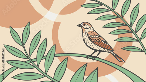 Small brown sparrow bird perches upon a curved branch surrounded by large, stylized green leaves and soft circles.