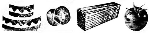 Stylized Black and White Food Cake, Bread, Cheese, Tomato