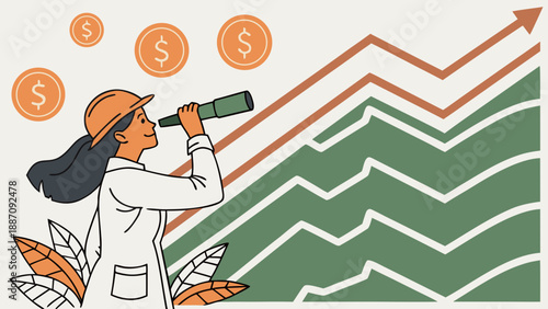 Female scientist looks through telescope at rising stock market arrows and floating dollar signs for financial success.