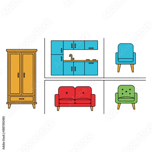 Collection of Modern Furniture and Kitchen Appliances.