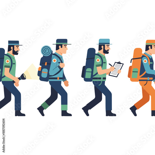 Hikers with Backpacks Walking in Sequence.