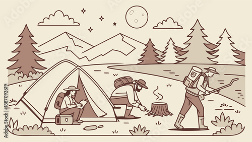 Friends on a camping adventure in a serene mountain landscape at dusk