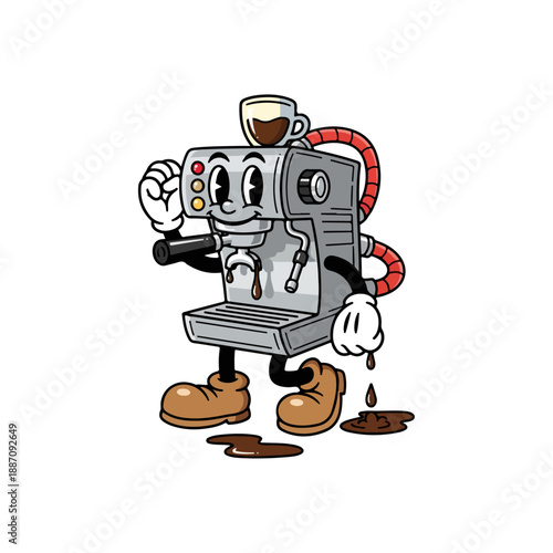 Retro Cartoon Espresso Machine Character with Coffee Cup.