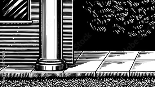 Architectural detail depicts the base of a classical column on a tiled patio next to dense foliage against a dark night sky.