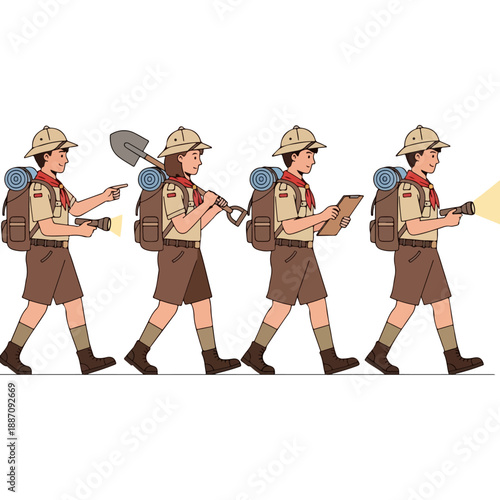 Scout Troop Marching with Camping Gear and Tools.