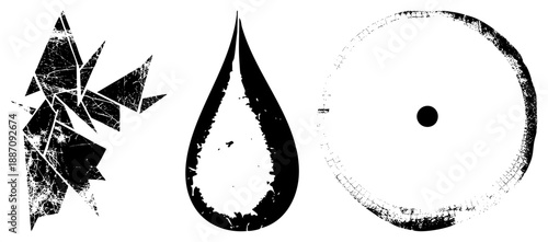 Abstract Grunge Symbols Shattered Fragment, Tear Drop, Circular Target