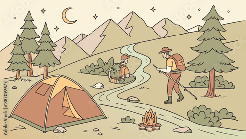 Friends on a camping adventure in serene mountain landscape at night