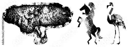 Vintage Halftone Animal Silhouettes Bison, Reining Horse, and Flamingo