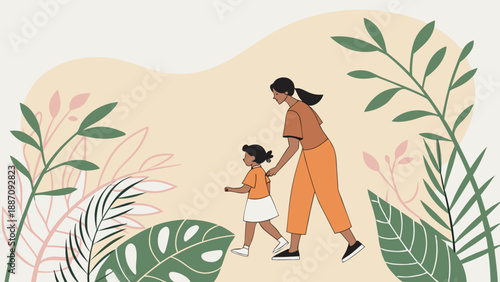 Adult woman guides a small child while walking slowly through a dense area of large decorative green leaves and plants.