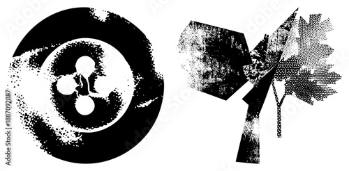 Abstract Black and White Graphic with Halftone and Geometric Shapes