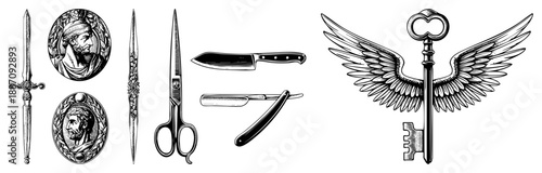 Vintage Antique Blades and Winged Key Vector Set