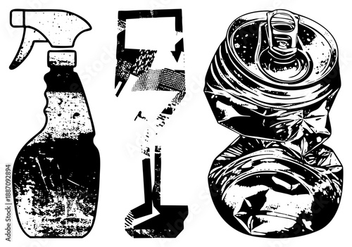 Vintage Spray Bottle, Broken Glass, Crumpled Soda Can Grunge Vector Set
