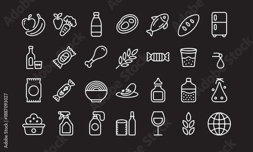 Vector Grocery Category Symbols Supermarket Food & Beverage Thin Line Icon Set.