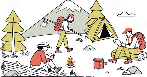 Friends on outdoor adventure camping in mountains with tent and gear