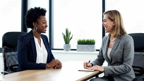 Two women talk in a modern office setting. They discuss ideas and take notes at their desks. Both women engage in conversation and share thoughts while sitting and listening