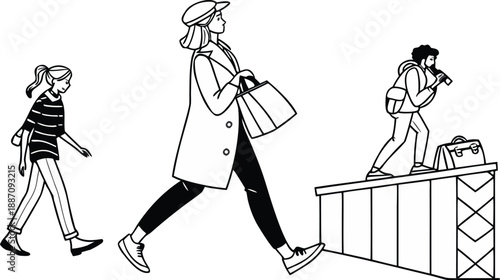 Line art illustration of three women walking in city, two carrying bags.