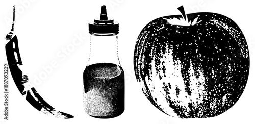 Halftone Illustration of Chili Pepper, Sauce Bottle, and in Black and White