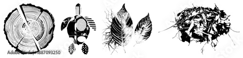 Stylized Tree Section, Turtle, Leaves, and Leafy Nest Vector Set