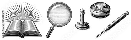 Vintage Study Tools Including Book, Magnifying Glass, Inkwell, and Quill Pen