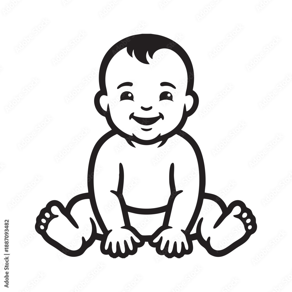 Fototapeta premium Smiling Baby sitting Vector Illustration Minimalist Black and White Line Art