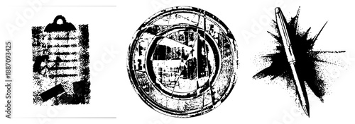 Vintage Clipboard, Circular Gear, and Pen with Dynamic Ink Splatter