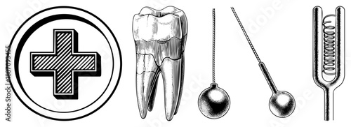 Medical Symbols and Dental Tools in Vintage Halftone Illustration