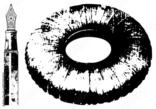 Vintage Fountain Pen and Distressed Donut with Grunge Texture