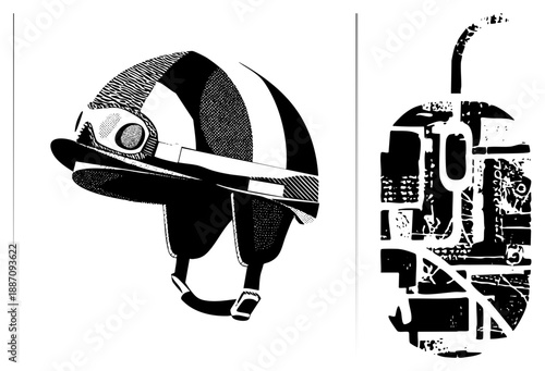 Stylized Firefighter Helmet and Vintage Computer Mouse Vector