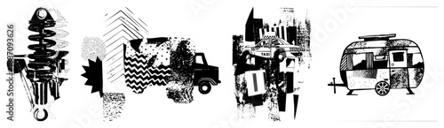 Abstract Black and White Vector Illustrations of Car, Truck, Taxi, and Trailer