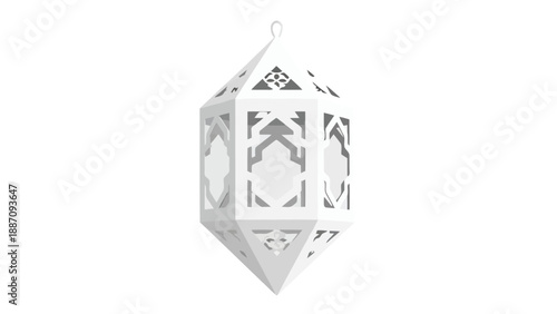 White paper-cut style Islamic lantern with intricate geometric cutouts Ramadan lantern